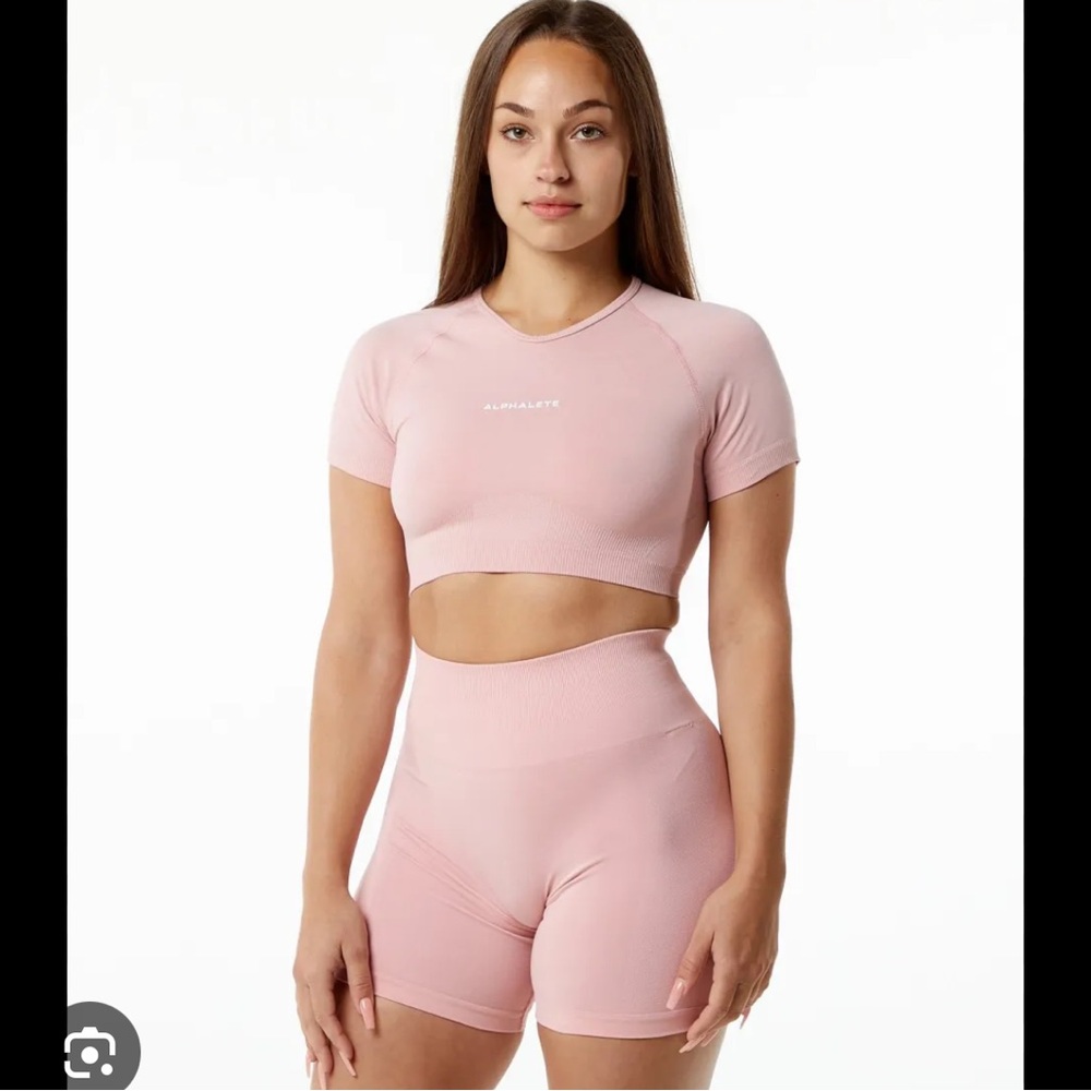 Alphalete Amplify Pink blossom Crop Top and Shorts set